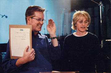 Andrew Stanton and Ellen DeGeneres in the recording booth.