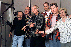Billy Crystal, executive producer John Lasseter, composer Randy Newman, director Peter Docter, John Goodman and producer Darla K. Anderson.