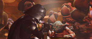 Darth Vader and Yoda arm wrestling under Meeper's eyes!