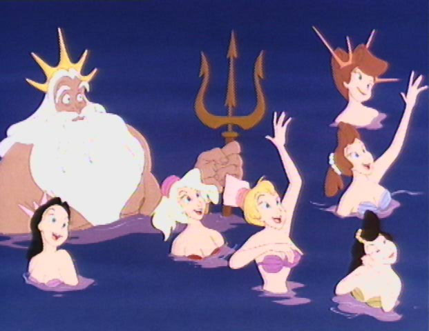 King Triton and his daughters waving at Ariel