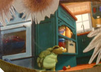 Verne the turtle peaking around in a kitchen